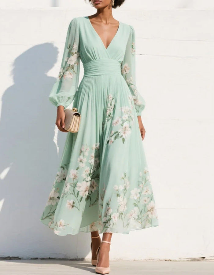 Graceful Mint Green Chiffon Midi Dress with Ruched Waist and Floral Em – Alizua