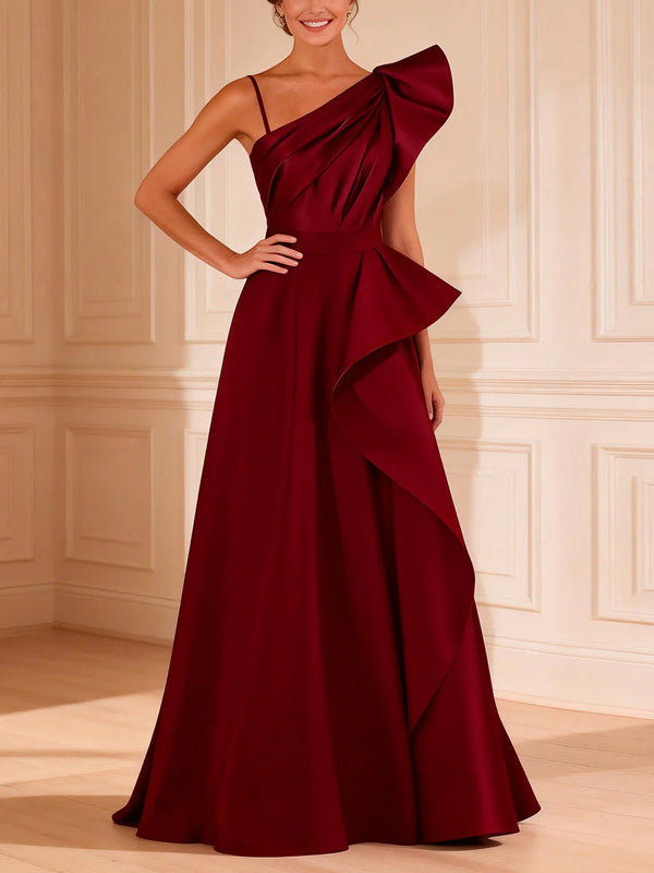 Burgundy Satin One-Shoulder Large Bow Maxi Dress