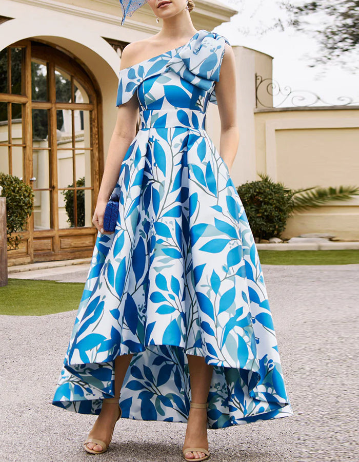 White And Blue Satin Leaf Print Shoulder Bow Maxi Dress – Alizua