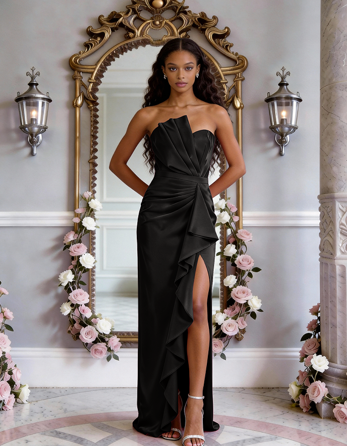 Multi-Colored Strapless Ruffled Satin Maxi Dress – Alizua
