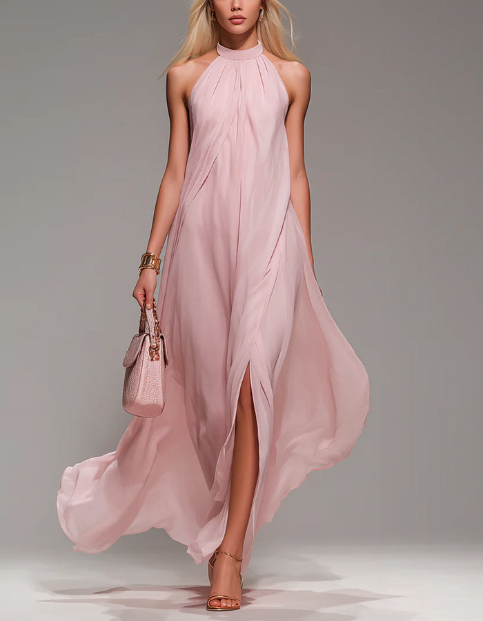 Light Pink Halter Neck Chiffon With Slits Maxi Dress – Alizua