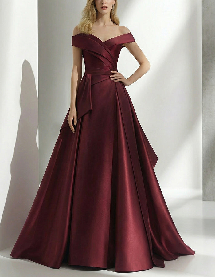 Burgundy Satin Off Shoulder Twist Waist Cinched Train Maxi Dress – Alizua
