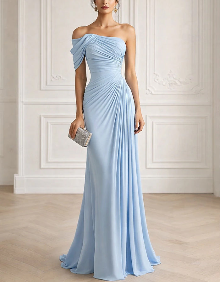 Solid Color Chiffon One Shoulder Twisted Drape Maxi Dress