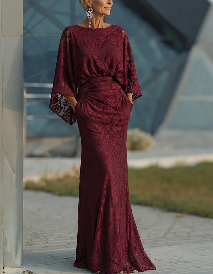 Burgundy Lace Batwing Sleeves With A Cinched Waist Maxi Dress – Alizua