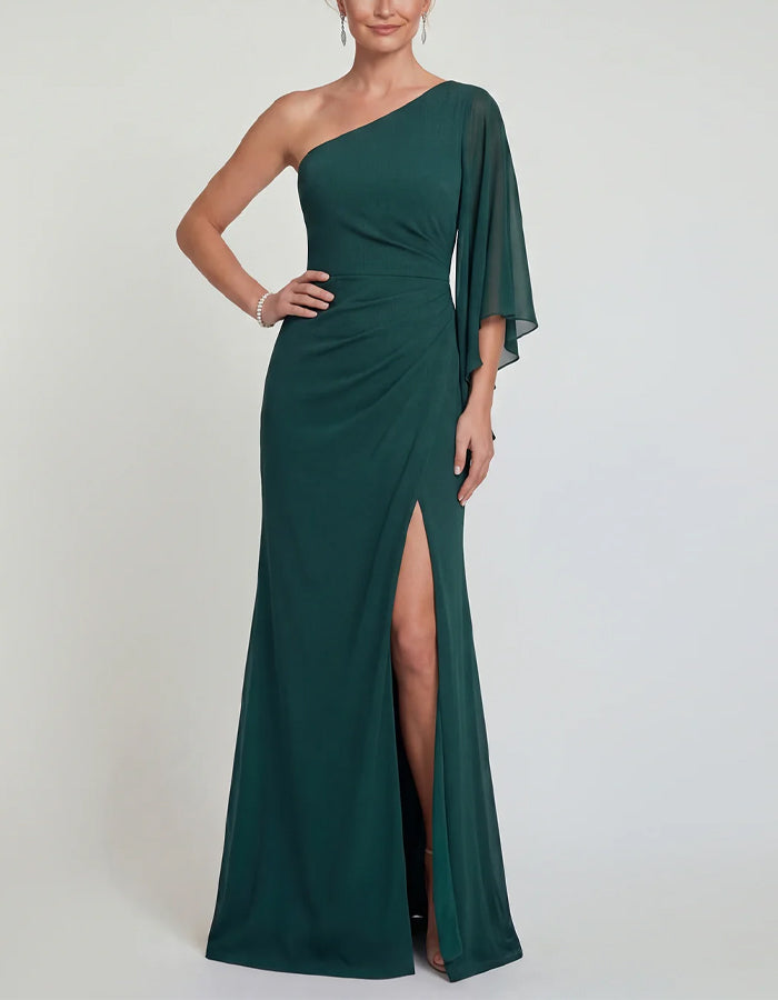 Dark Green Chiffon Off Shoulder Flowing Sleeves With Slits Maxi Dress – Alizua