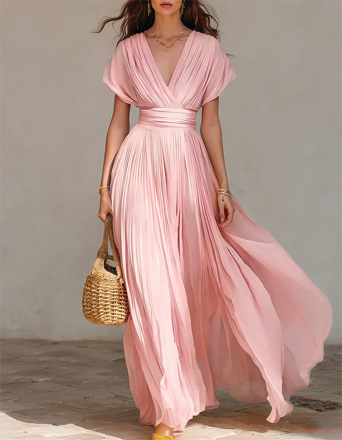 Pink Pleated Chiffon Deep V-Neck Maxi Dress – Alizua