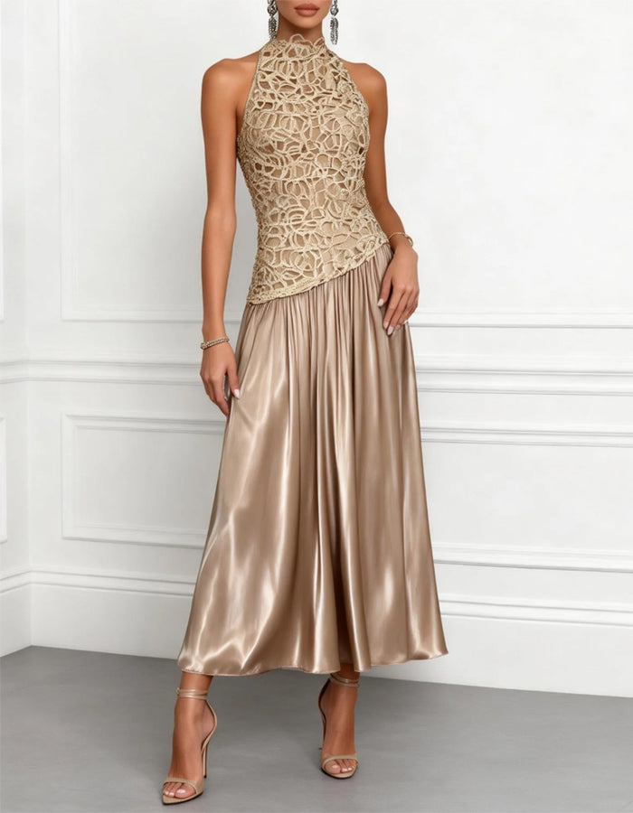 Champagne Halter Neck Lace Twist Satin Midi Dress