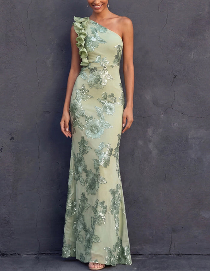 mint one shoulder dress Green Ruffled Sequined Floral Pattern Maxi Cutout to top COLOR:OLIVE PAISLEY Embracing a Parisian dream easter
