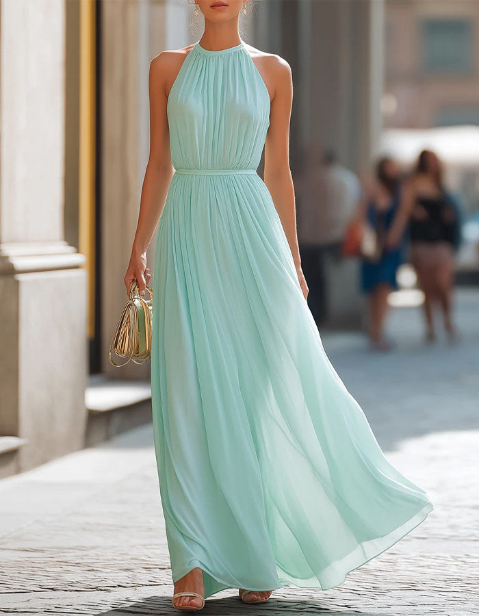 Mint Green Halter Neck Pleated Chiffon Maxi Dress – Alizua