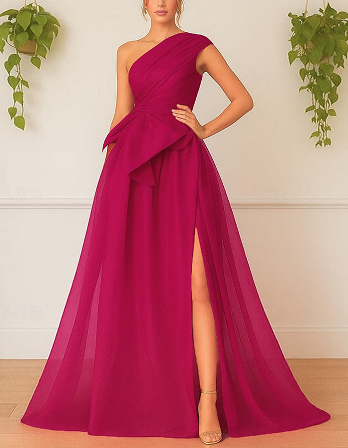 Solid Color Chiffon One Shoulder Twisted Ruffle Slit Maxi Dress