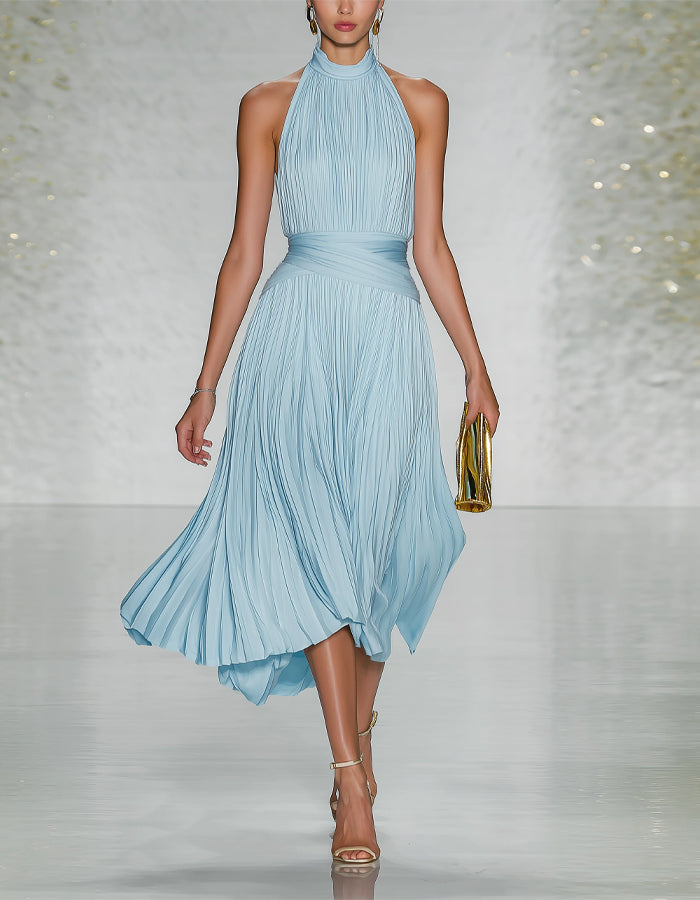 Blue Pleated Halter Neck Midi Dress – Alizua
