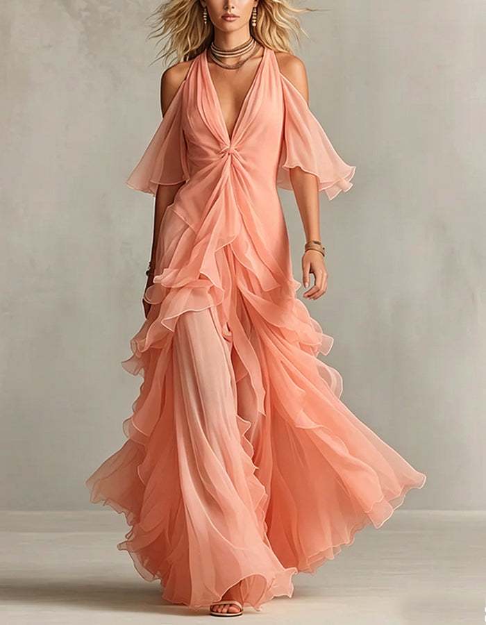 Solid Color Chiffon Off Shoulder Twisted Ruffle Maxi Dress