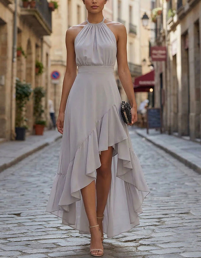 ruffle halter neck bridesmaid dress Gray Chiffon With Irregular Ruffles Maxi – Alizua Evening gown