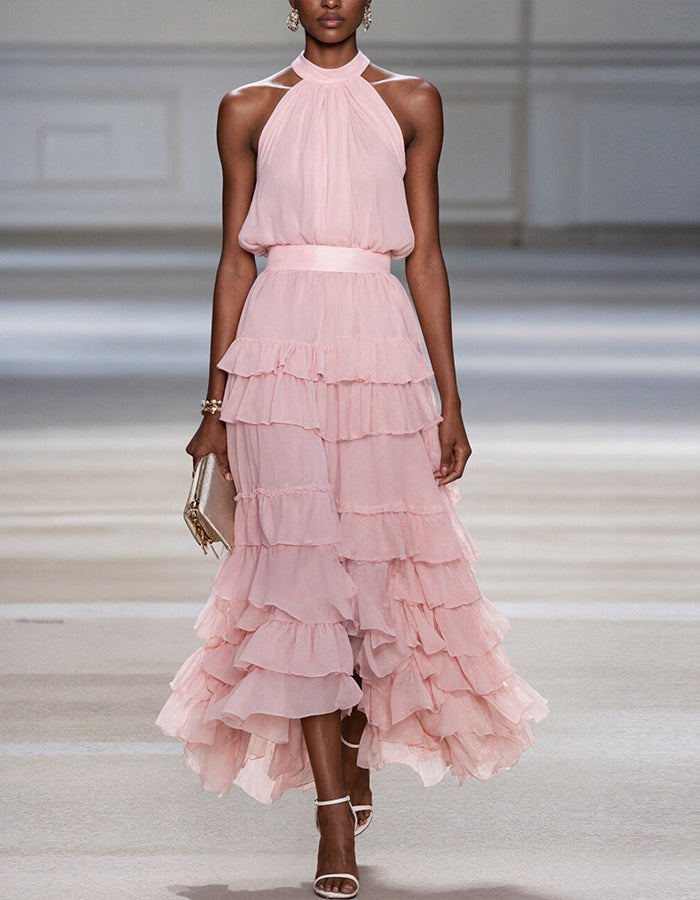 Pink Chiffon Off Shoulder Design With Layered Ruffles Maxi Dress – Alizua