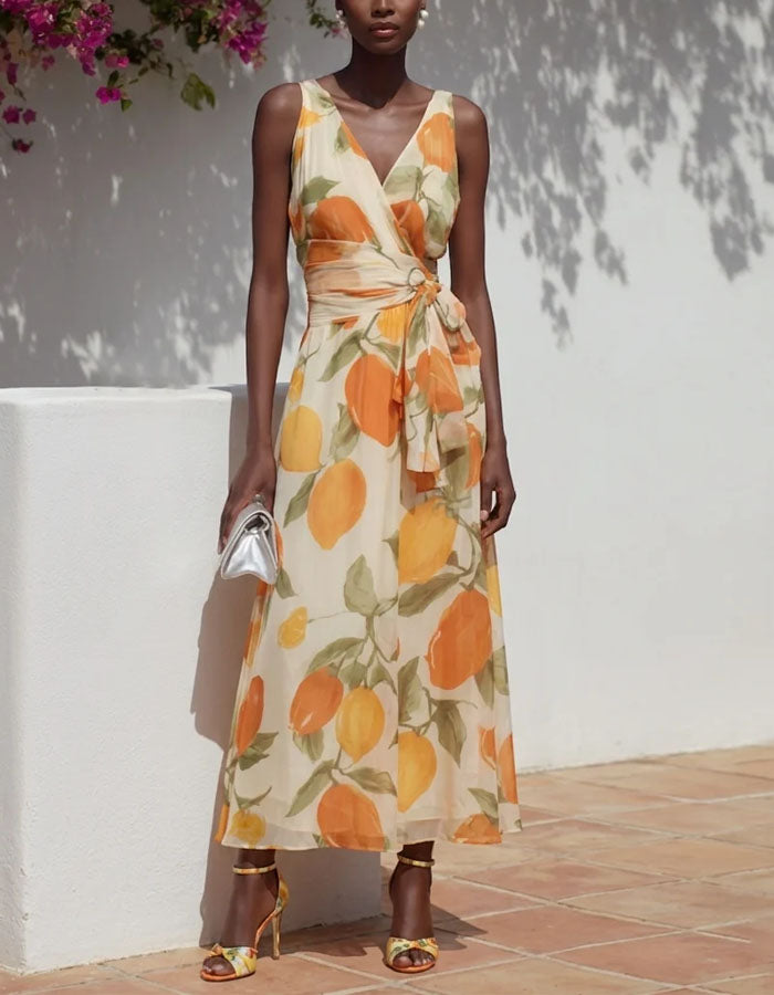 Orange Printed Chiffon Maxi Dress