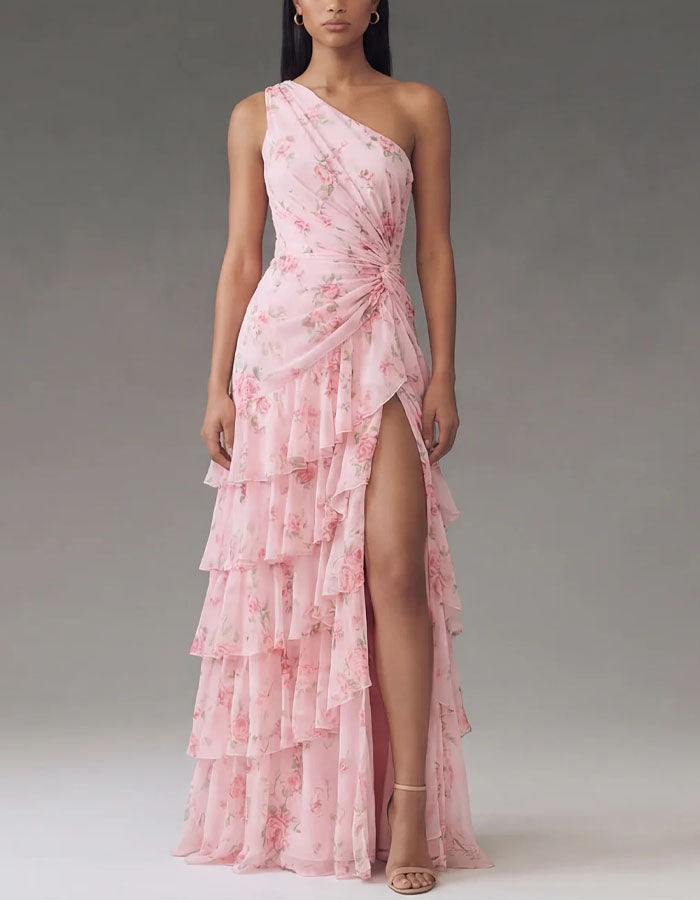 Pink Floral Chiffon One Shoulder Ruffle Maxi Dress – Alizua