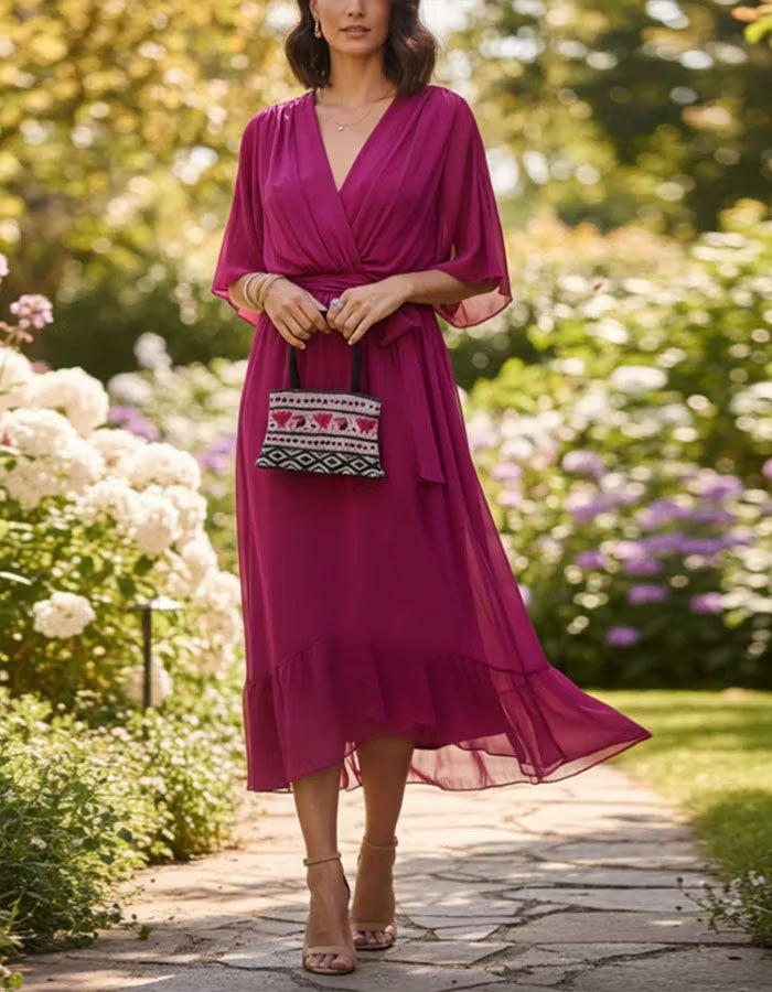 chiffon midi dress colors Solid Color V-Neck Ruffled – Alizua Oscar de la Renta related events Size:SZ 0 Double Spaghetti Straps