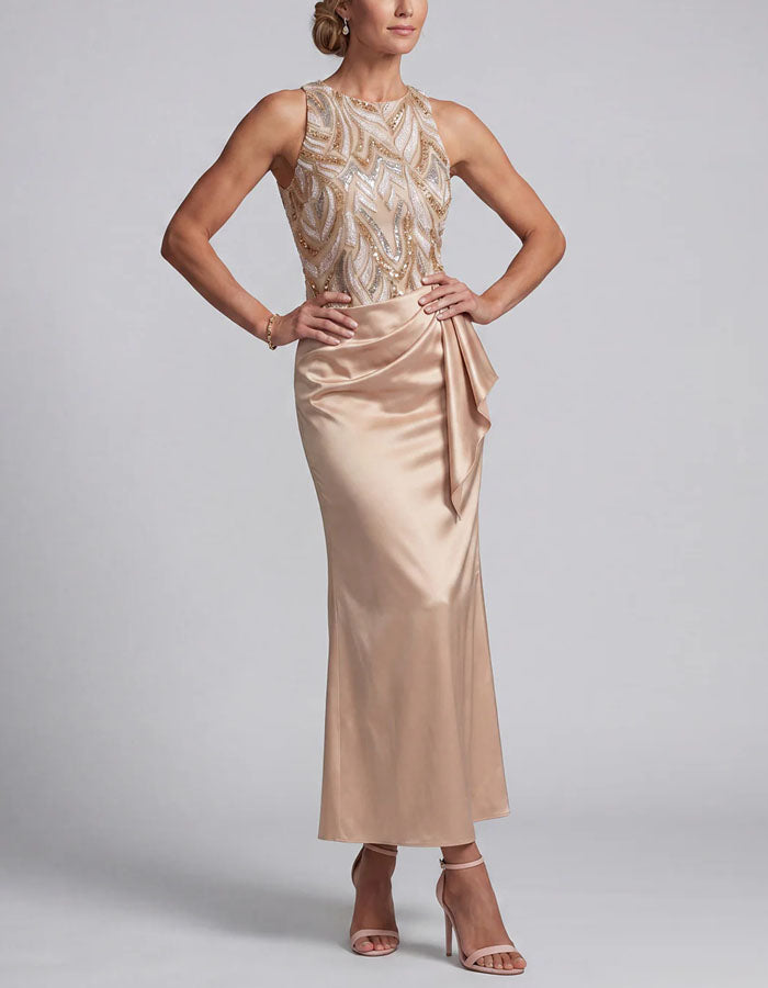 Champagne Satin Sequins Maxi Dress