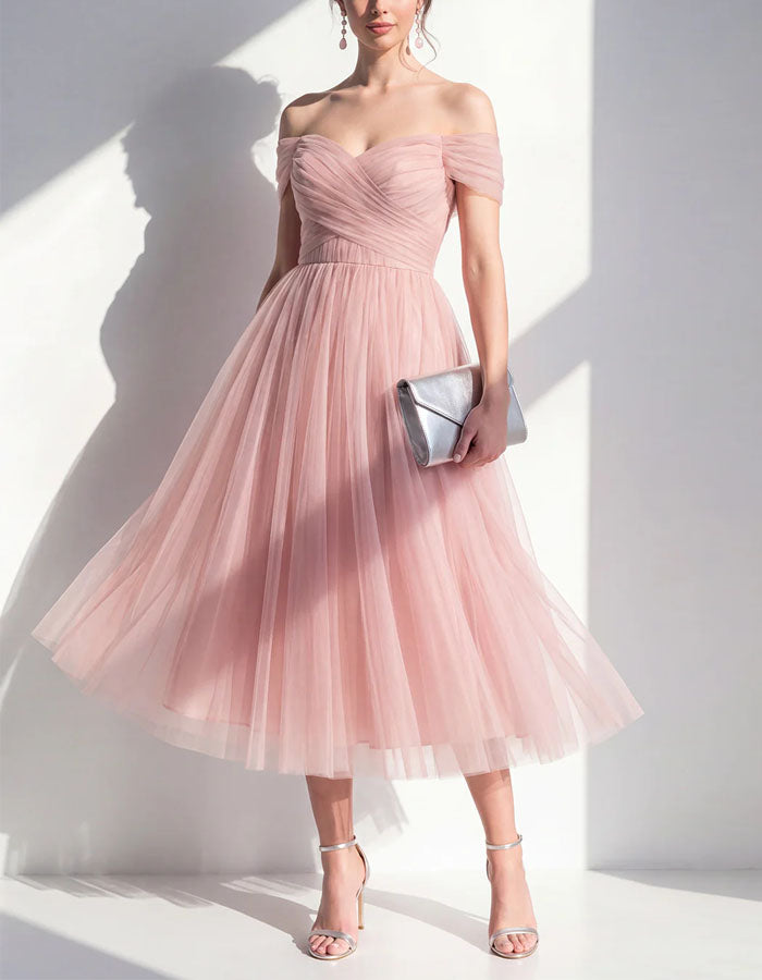 Pink Off Shoulder Tulle Midi Dress