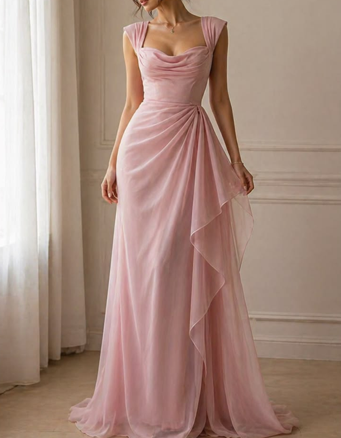 Pale Pink Chiffon Draped Maxi Dress – Alizua