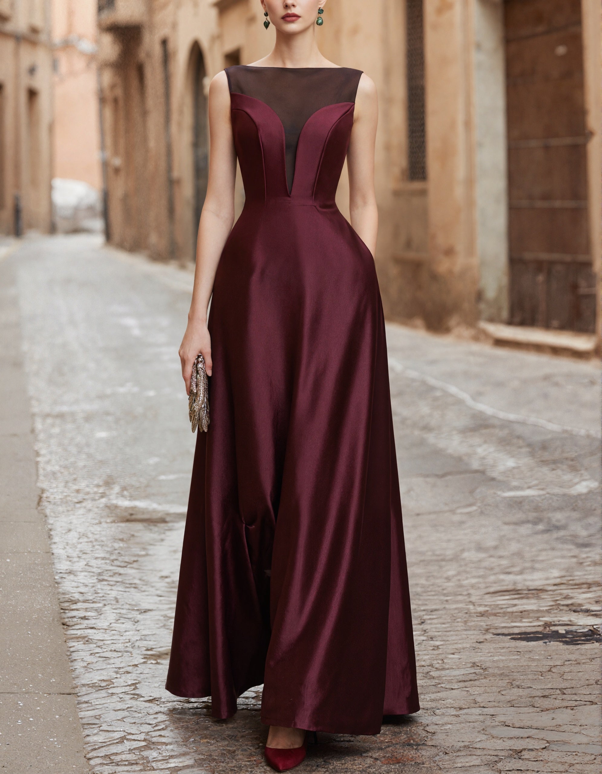 Burgundy Tulle Collar Satin Maxi Dress – Alizua