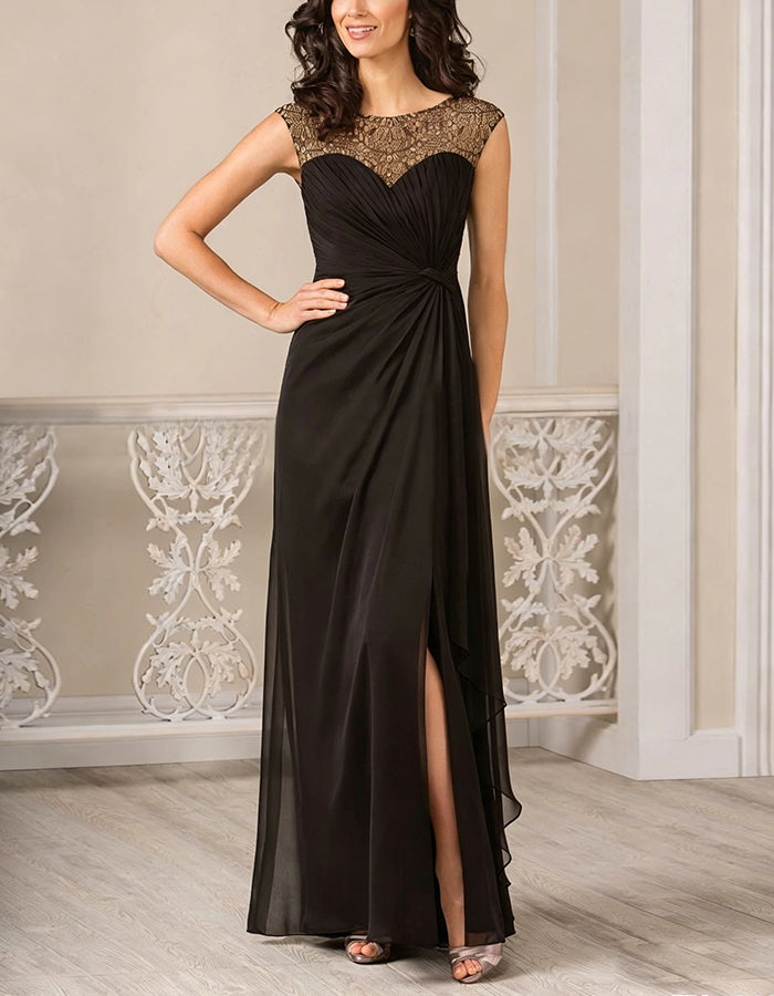 Black And Gold Lace Ruffled Chiffon Slit Maxi Dress – Alizua