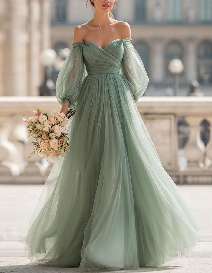 Sage Green Off Shoulder Puff Sleeves Pleated Tulle Maxi Dress