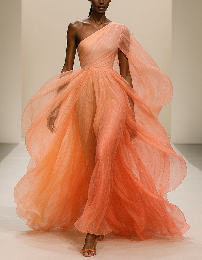 Orange One Shoulder Shawl Sleeve Chiffon Maxi Dress – Alizua