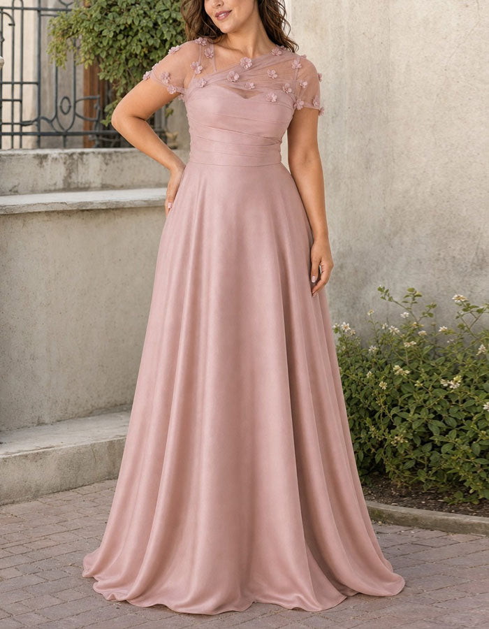 Solid Color Asymmetrical Mesh Floral Satin Maxi Dress – Alizua