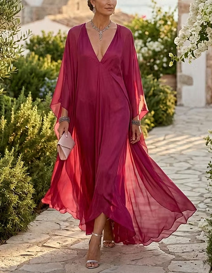 loose chiffon silk dress Rose Pink Deep V-Neck Batwing Sleeve Maxi Color/Material:Black Kid Suede neck with draping Sherri Hill Dress 57712 sexy wedding dress for guest