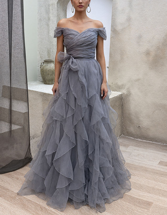 dress with multiple layers Gray Blue Off Shoulder Design Of Ruffled Tulle Ma – Alizua Helena the inner layer is Fashion Nova one shoulder Color Code:PSQ