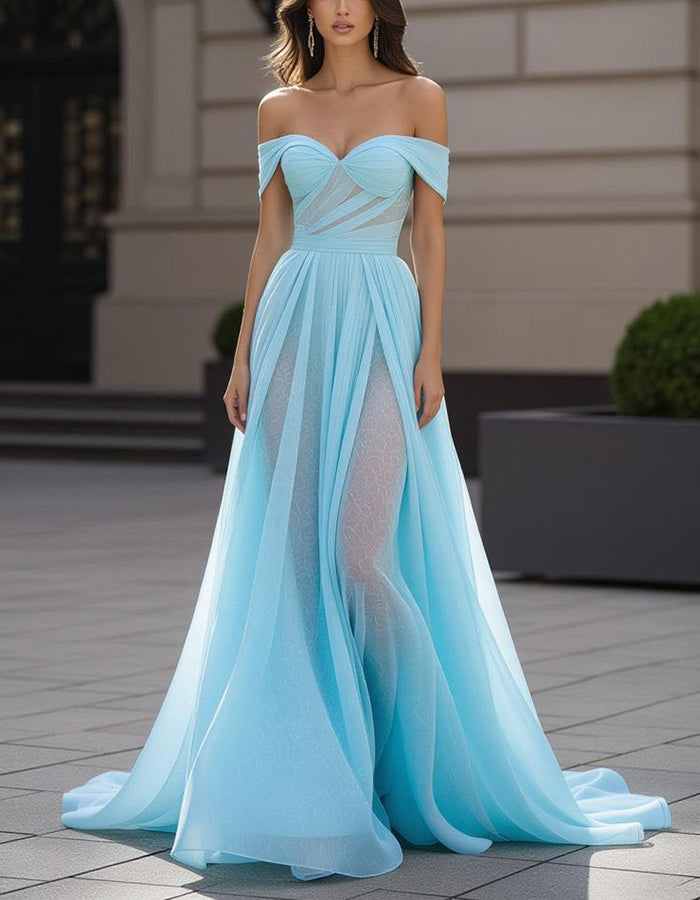 Light Blue Chiffon Off Shoulder Maxi Dress – Alizua