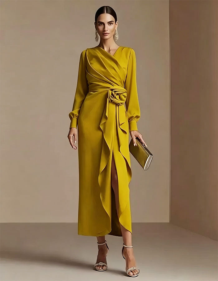 Mustard Yellow V-Neck 3D Floral Maxi Dress – Alizua