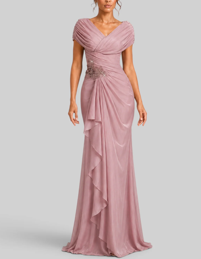 pink pleated chiffon dress Pink Modest Drape Sleeves Pleated Chiffon Evening Dress 20W