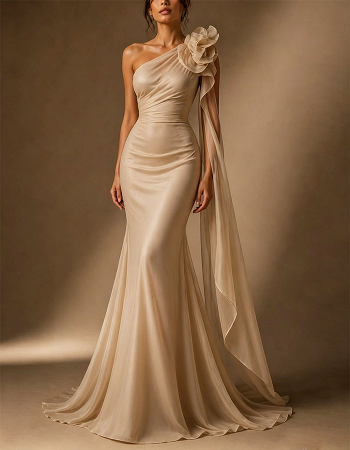 Champagne Colored Satin Chiffon 3D Floral Pattern Maxi Dress – Alizua