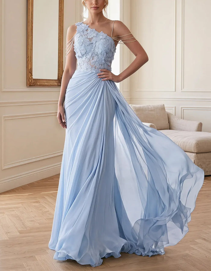 Light Blue Chiffon One Shoulder 3D Floral Lace Maxi Dress – Alizua