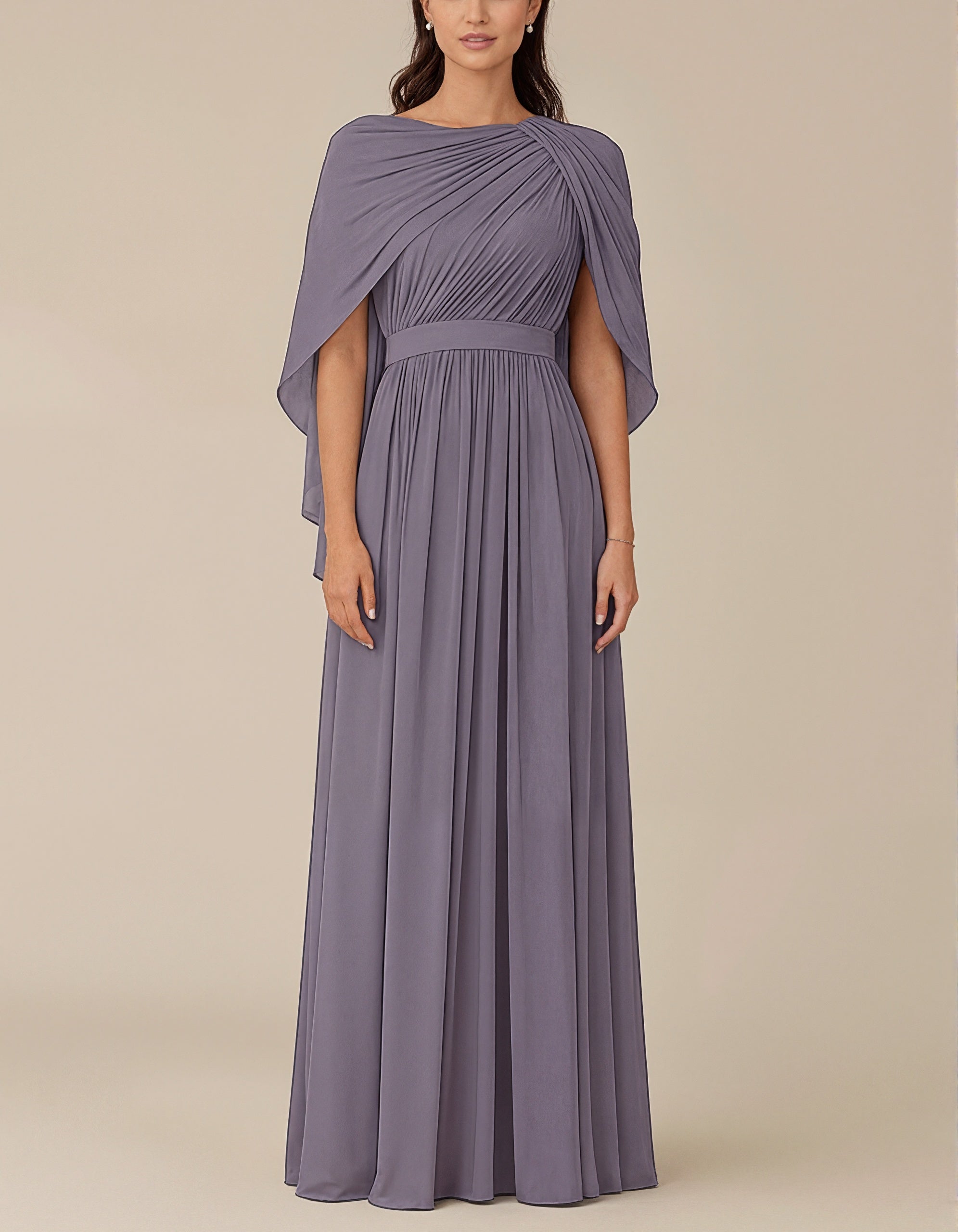 Purple Round Neck Chiffon Draped Shoulder Shawl Sleeves Maxi Dress – Alizua