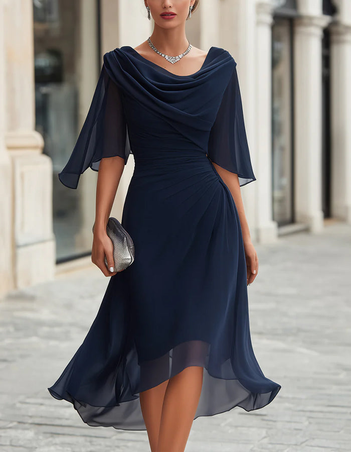maxi dress with three quarter sleeves Navy Blue Chiffon Draped Ruffle The flowing chiffon ruffled S&G Color:Dive Blue PrettyLittleThing Women's PLT Label