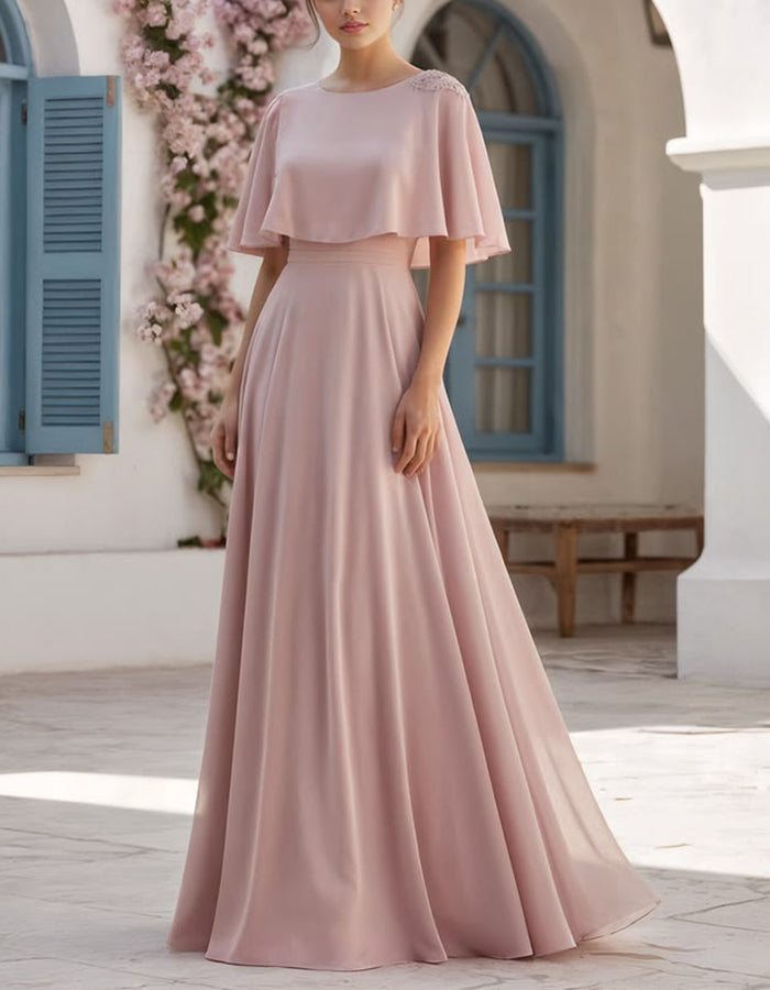 long light pink chiffon dress Pink Chiffon Maxi Dress with Lace V-Neck and Fit & Flare Waist