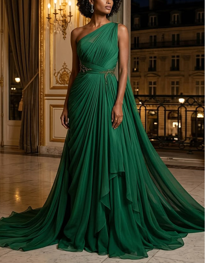 Green Chiffon One Shoulder Cross Pleats Maxi Dress – Alizua