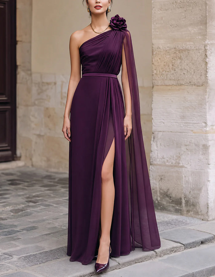 Purple Chiffon One Shoulder 3d Floral Design Maxi Dress – Alizua