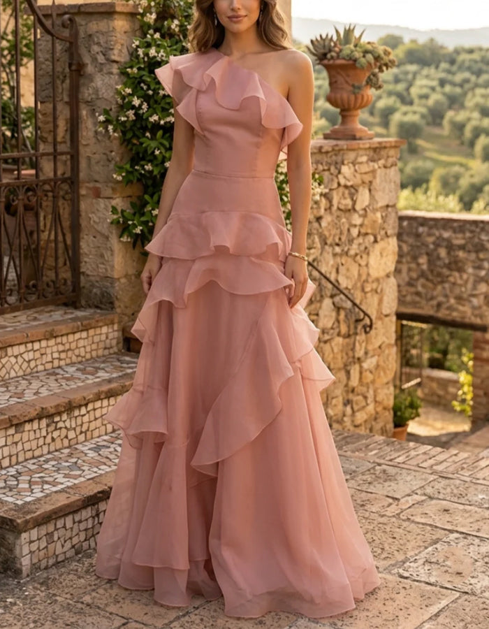 Solid Color Organza One Shoulder Ruffle Maxi Dress