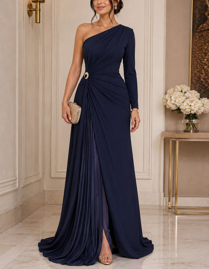 Dark Blue One Shoulder Long Sleeve Maxi Dress – Alizua