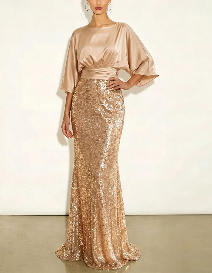 Champagne Satin Three Quarter Sleeve Elastic Waistband With Sequins Ma – Alizua
