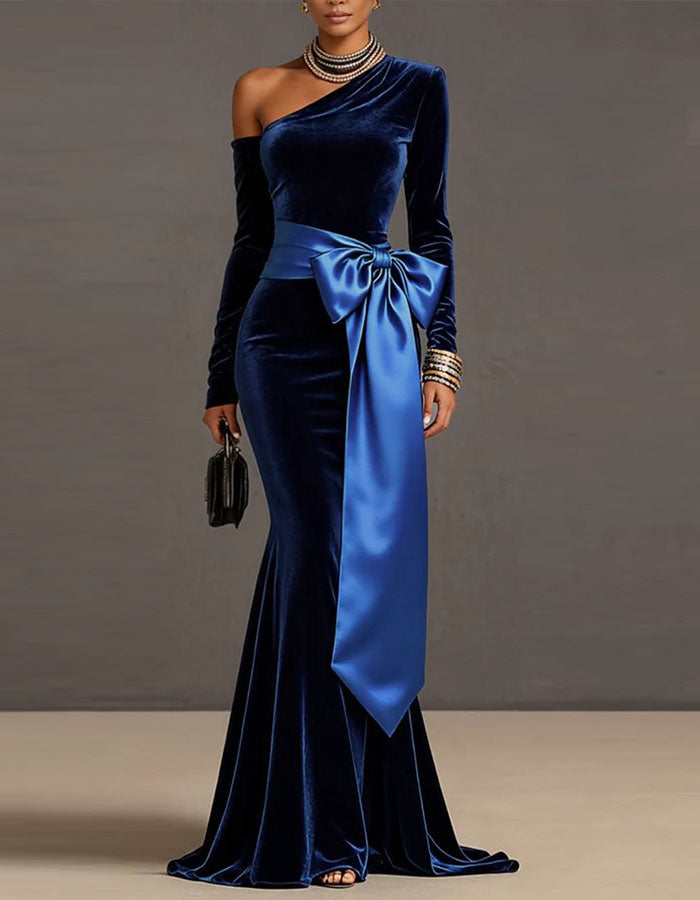 Royal Blue Velvet Asymmetrical One Shoulder Long Sleeve Maxi Dress – Alizua