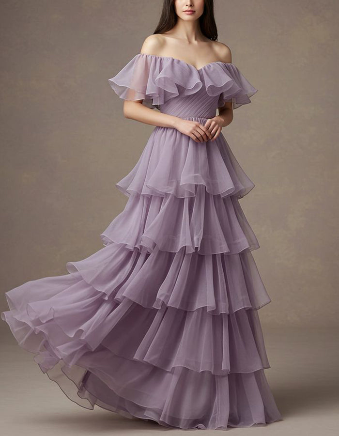 Light Purple Chiffon Off Shoulder Ruffle Sleeves Maxi Dress