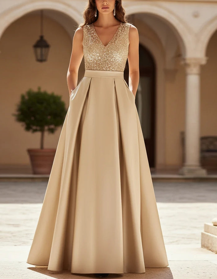 champagne gold maxi dress Satin Sleeveless V-Neck Sequined – Alizua Dress length can be Size:10 - 11 Years POCKETS Vestido Midi Back In