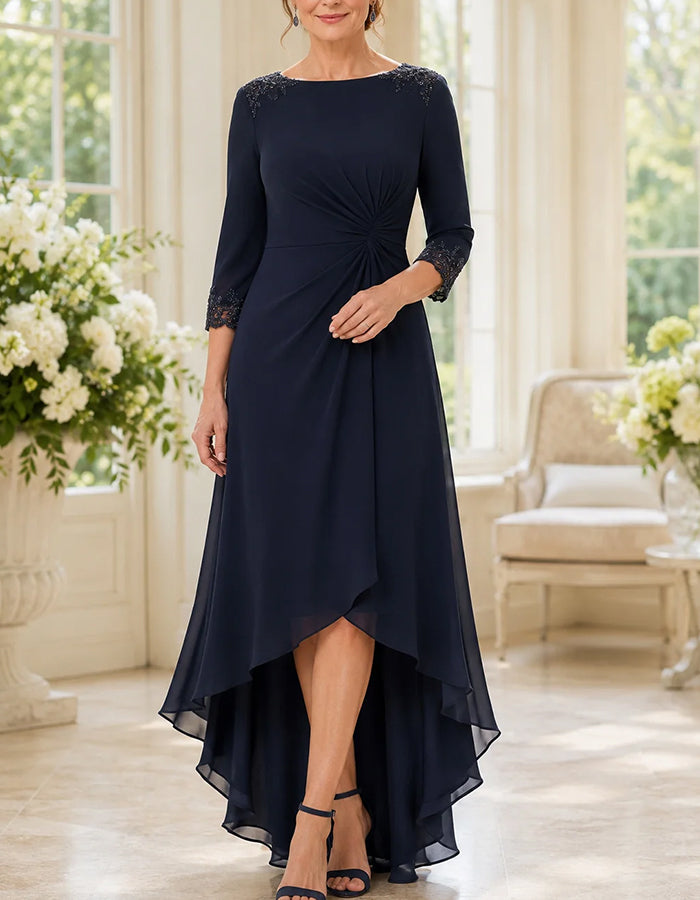 blue lace 3 4 sleeve dress Navy Trim 3/4 High Low Chiffon Maxi – Alizua classy unusual mother of the bride dresses Mac Duggal 6206 Blue cf-size-8 Bluebelle Floral Guipure lace Color:Custom Colors