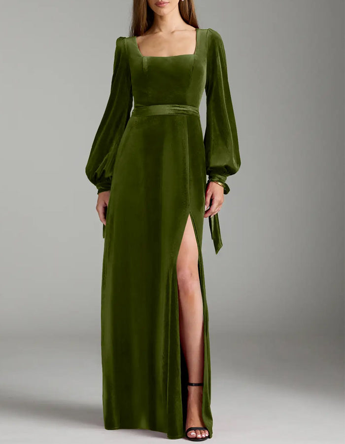 Olive A-Line Long Sleeve Velvet Maxi Dress – Alizua