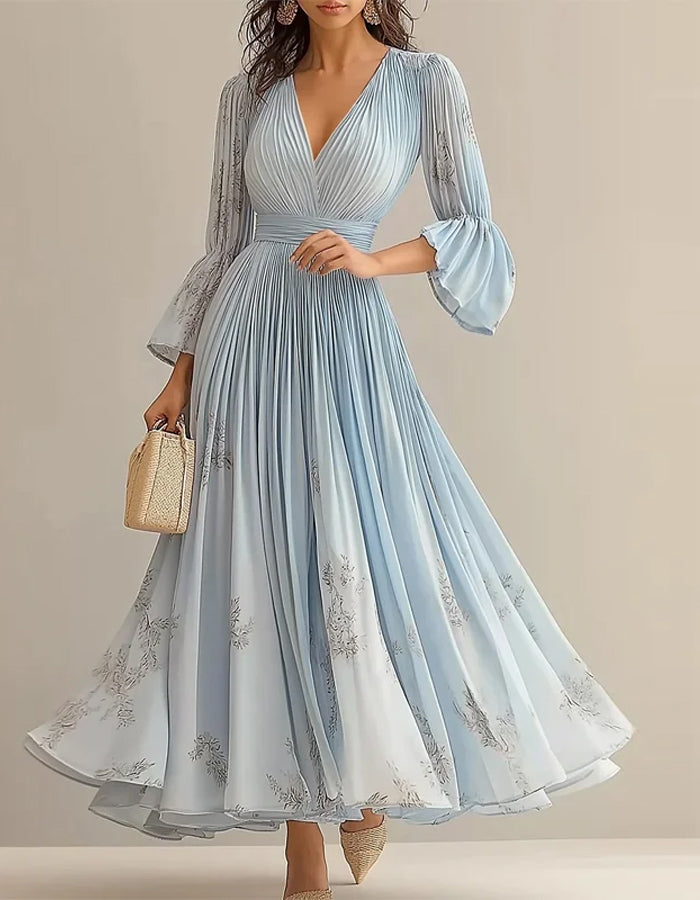 Graceful Light Blue Chiffon Dress with Pleated Bodice and Bell Sleeves – Alizua